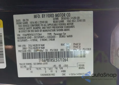 2020 Ford Mustang Ecoboost Premium Fastback z USA, uszkodzony, nr VIN 1FA6P8TH5L5171264